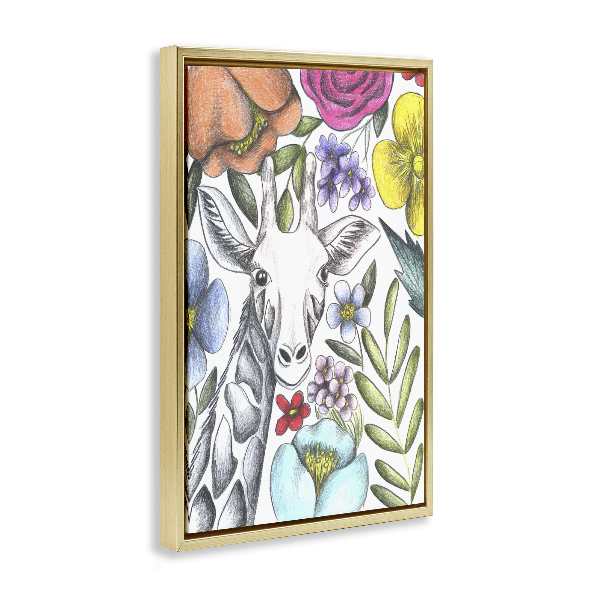 Giraffe In The Midst of Flowers Gold Framed Floater Canvas Wall Art, design by Cecilia Battaini