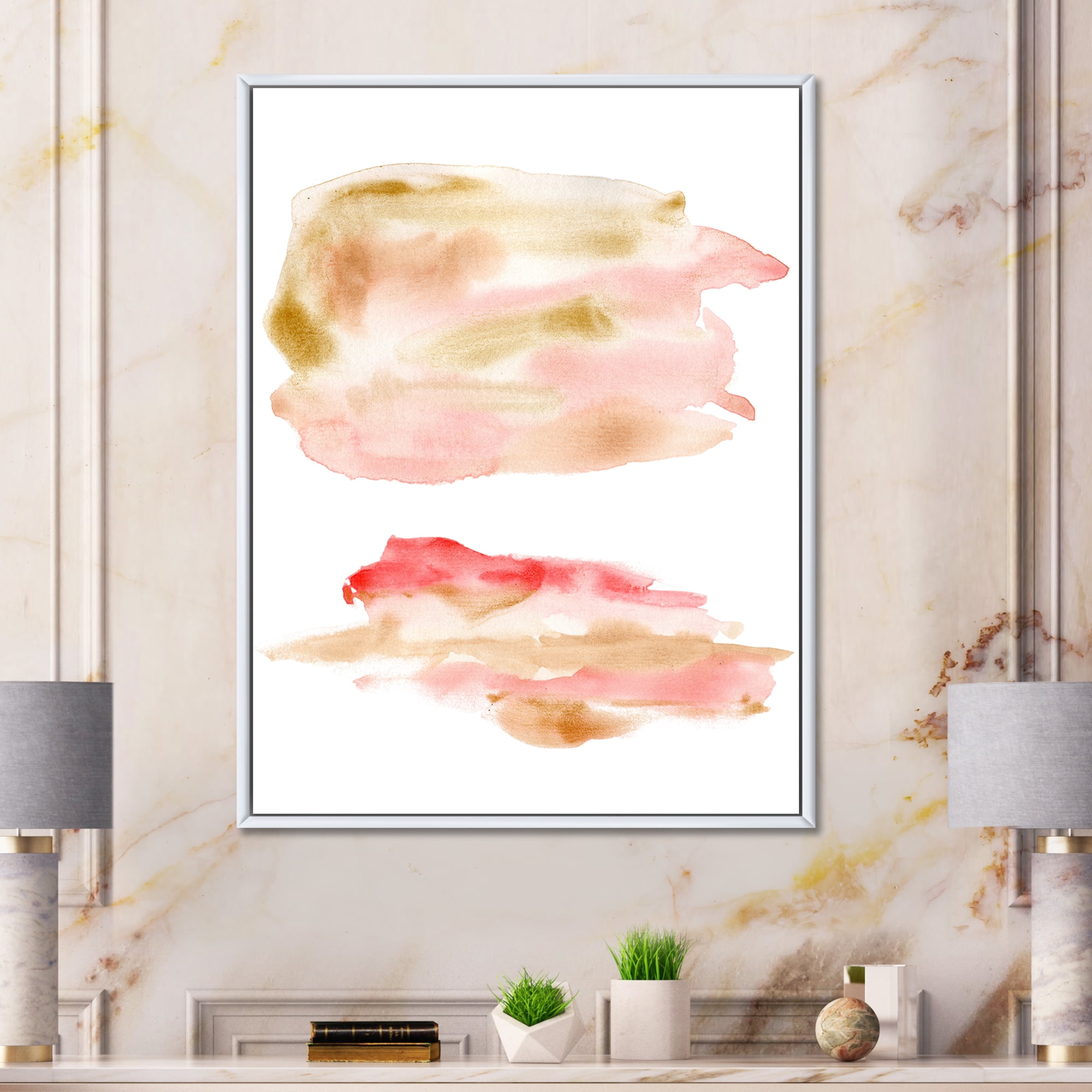 Designart 'Abstract Clouds Set With Pink Gold Beige and Red' Modern Framed Canvas Wall Art Print