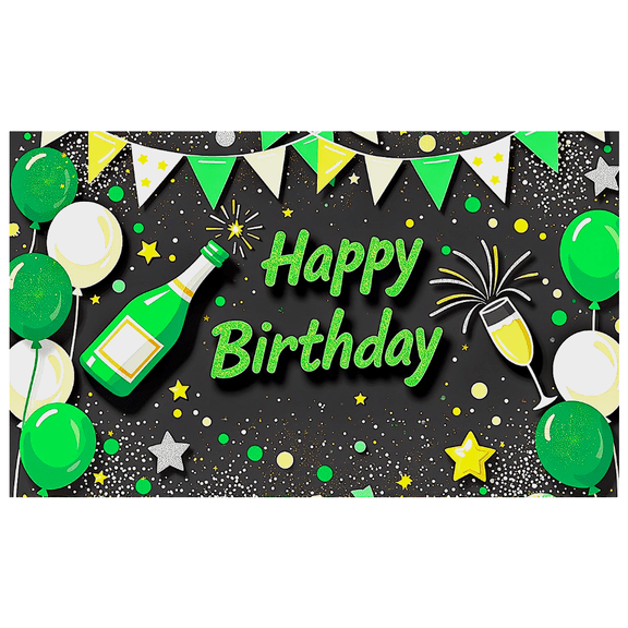 Glistening Green Happy Birthday Banner with Champagne Bottle Balloons and Stars Party Decoration Backdrop for Birthday Parties Photography Props and Home Decorations