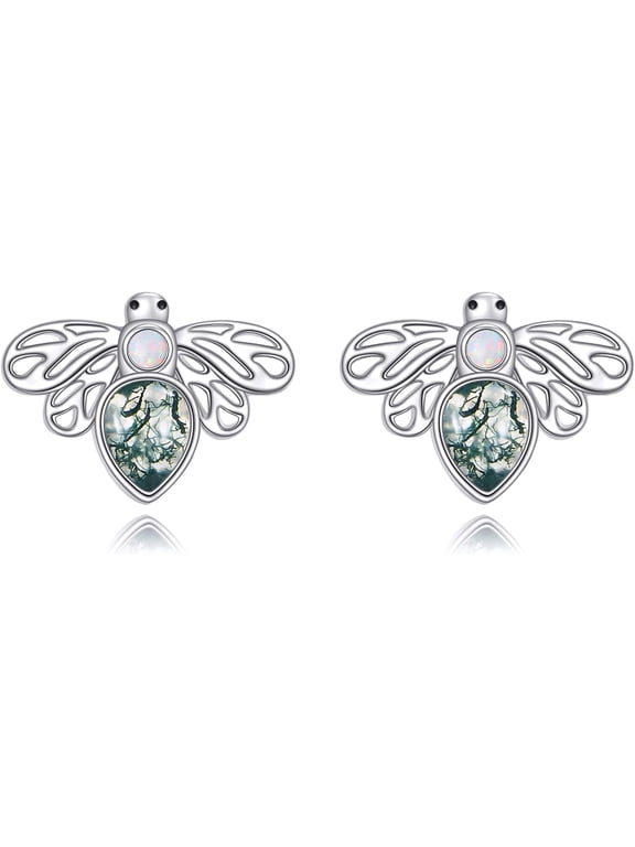 925 Sterling Silver Bee Earrings, Nature-Inspired Stud Earrings With Genuine Opal & Green Moss Agate Jewelry Christmas Birthday Gifts For Women