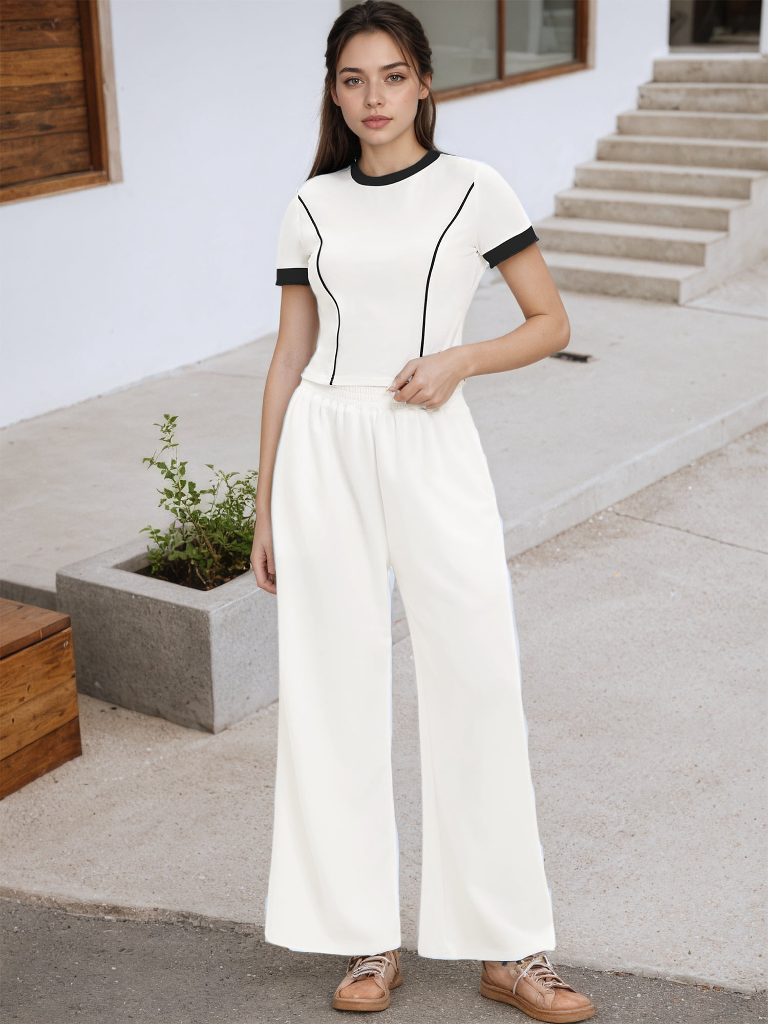 DARING DIVA Women 2 Pieces Set Crop Tops Wide Leg Pants Fall Outfits M White