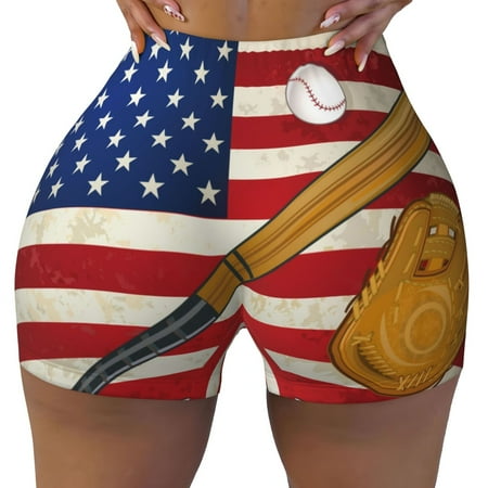 Workout Shorts Women  American Flag And Baseball Biker Shorts for Women Running Gym Spandex Shorts Tummy Control