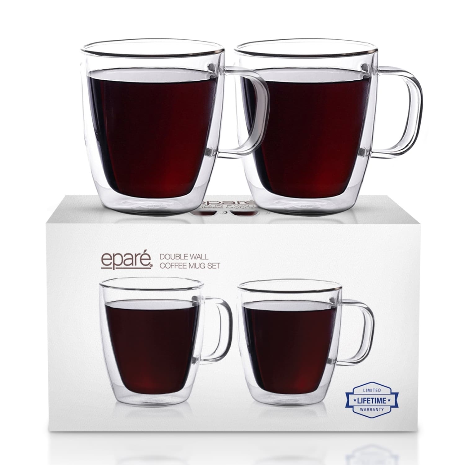 Epare Coffee Mugs - Clear Glass Double Wall Cup Set - Insulated Glassware - Best Large Coffee Espresso Latte Tea Glasses