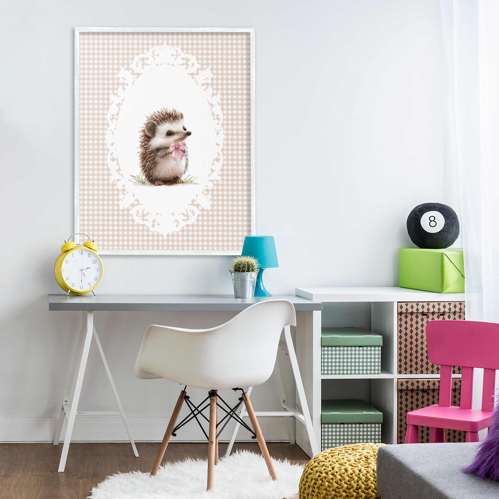 Stupell Industries Vintage Bow Hedgehog on Gingham White Framed Giclee Art, design by Christine Simpson Art