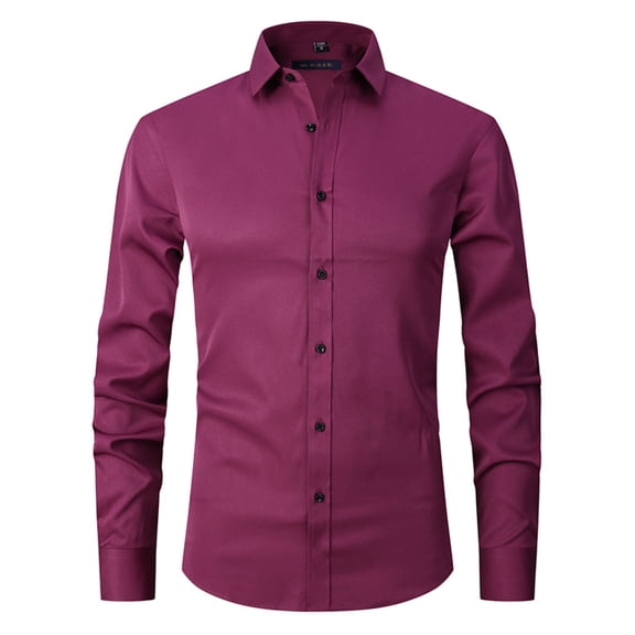 KXDMNE Mens Slim Fit Stretch Dress Shirt - Long Sleeve Lightweight Polyester Button Down Formal Workwear Shirt for Autumn, Hot Pink, L