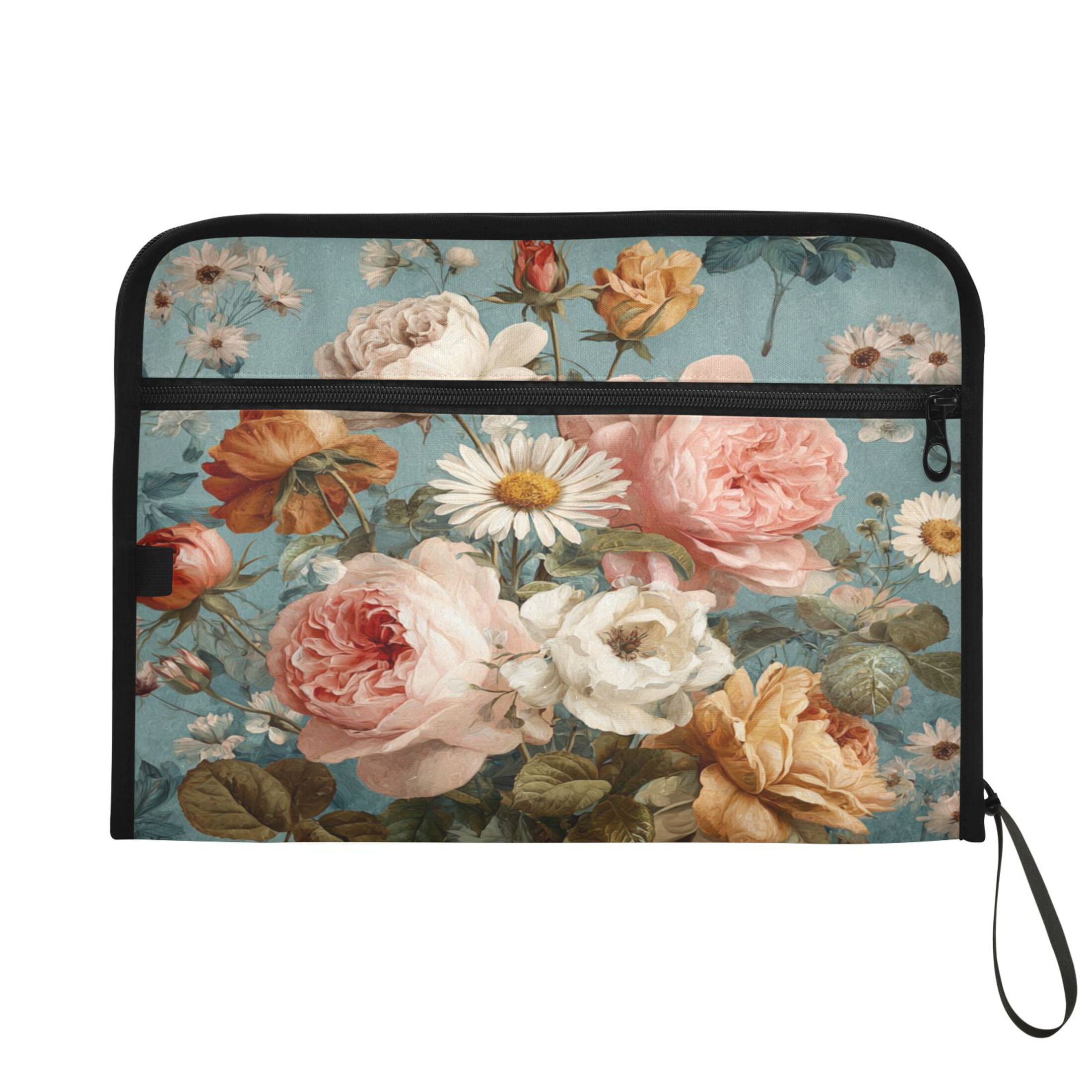 Accordion File Organizer with Zip Closure 13 Pockets Expanding File Folder Letter A4 Paper Document Organizer for Home Office Vintage Roses and Peonies