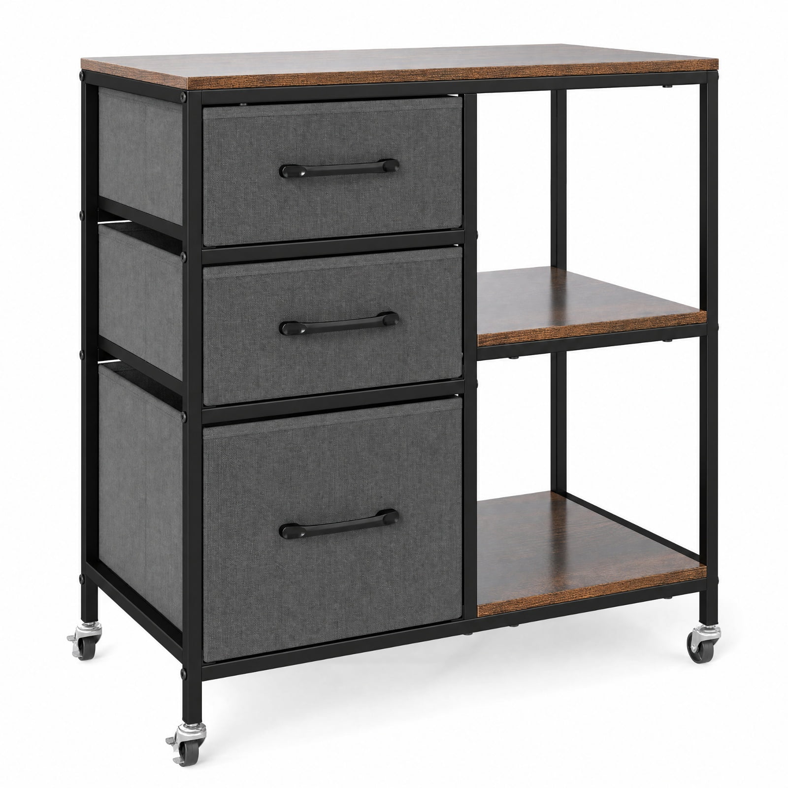 Furnibear 3 Drawer Mobile File Cabinet with Charging Station Rolling Printer Stand with Open Storage Shelves for Home Office Filing Document, Brown