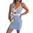 thumbnail image 2 of Women'S Casual Striped Contrasting High Waisted Knitted Suspender Wrap Hip Dress Tight Mini Dress Blue L, 2 of 10