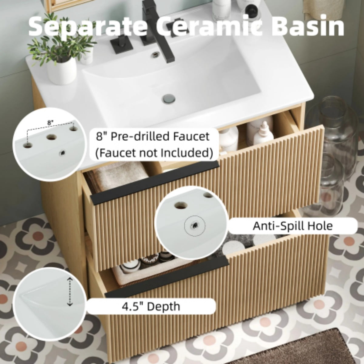 30" Bathroom Vanity with Ceramic Sink, Freestanding Bathroom Cabinet with Full Extension Drawers, Soft Close Slides, Fluted Design, Natural