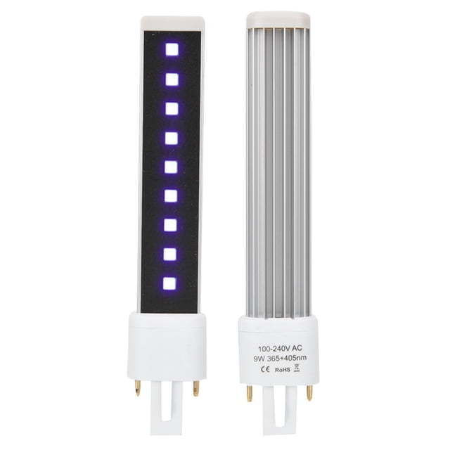 lámpara de unas uv tomo de bombilla fuente de luz doble led de 365 + 405 nm, giratorio 270, potencia luminosa de más de 2000 mw, para curar umas con 15-30 s bombilla UV tubular blanca con panel frontal de puntos LED y carcasa de aleación de aluminio con aletas de disipación; base G23 de 2 pines visible, dimensiones 16.2 x 3 x 1.2 cm, 9W nominal, compatible con lámparas de uñas de 9W–54W para uso en salón o en casa; también se usa como repuesto rápido en kits portátiles.