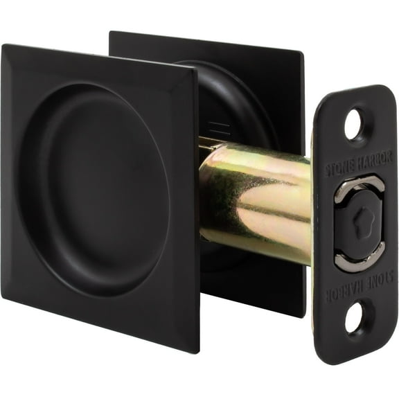 Contemporary Square Pocket Door Lock, Passage (Hall/Closet) Latch, 2-3/8" Backset, RCL, Matte Black by Stone Harbor Hardware