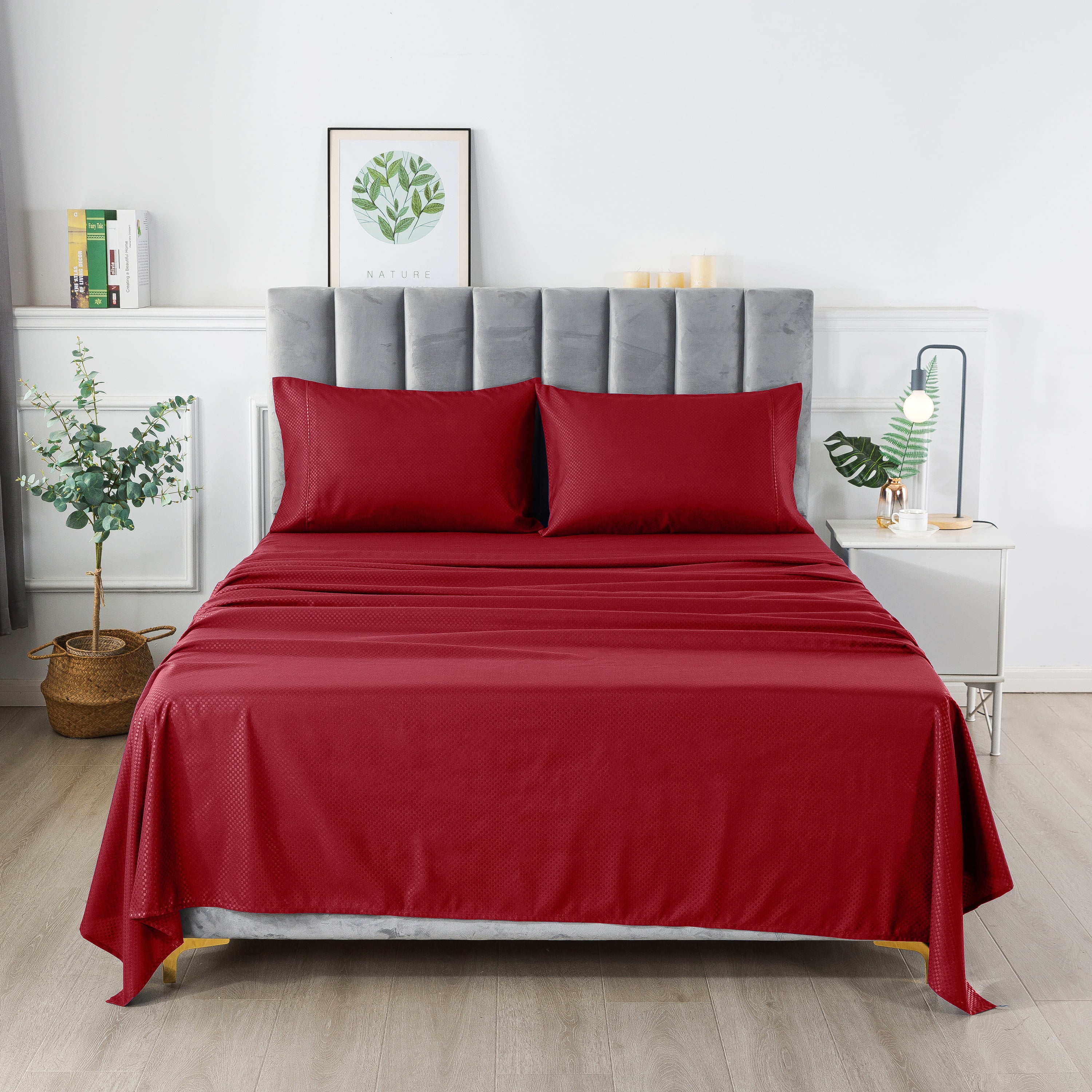 Hotel Collection Platinum Hotel Quality Embossed Queen Sheet Set w/ 4 Pillow Cases Burgundy Red 