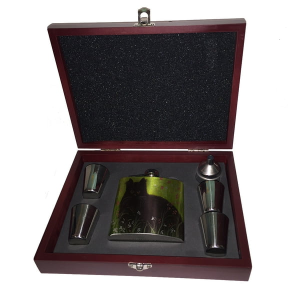 KuzmarK 6 oz. Stainless Steel Flask Set in Rose Wood Presentation Box -  Black Persian Cat Art by Denise Every