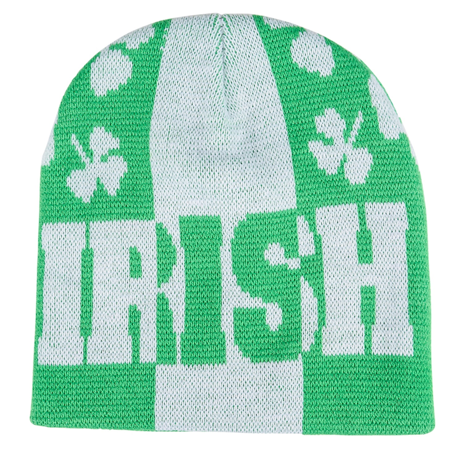St. Patricks Irish Shamrock Knitted Beanie, Green White, OneSize