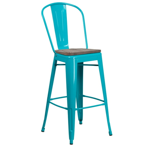 Flash Furniture Cindy 30" High Crystal Teal-Blue Metal Barstool with Back and Wood Seat