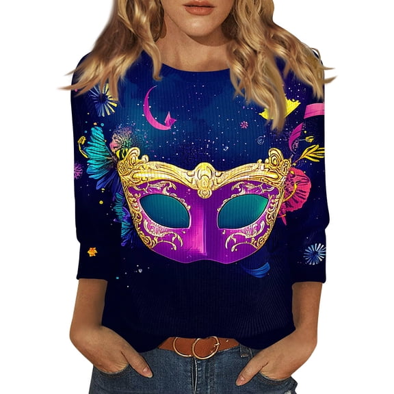 Mardi Gras Outfits for Women 3/4 Sleeve Carnival Top, Cozy Round Neck Tee Shirt for Parade Party