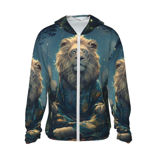 Fotbe Starry Sky Meditating Lion Chaqueta con Protección Solar UPF 50+ para Hombre y Mujer, Camisa con Capucha y Bolsillos-Medium