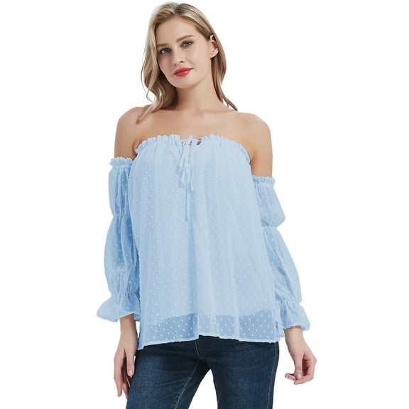 Womens Semi Sheer Boho Peasant Long Sleeve Off the Shoulder Top, Blue Dot, Large