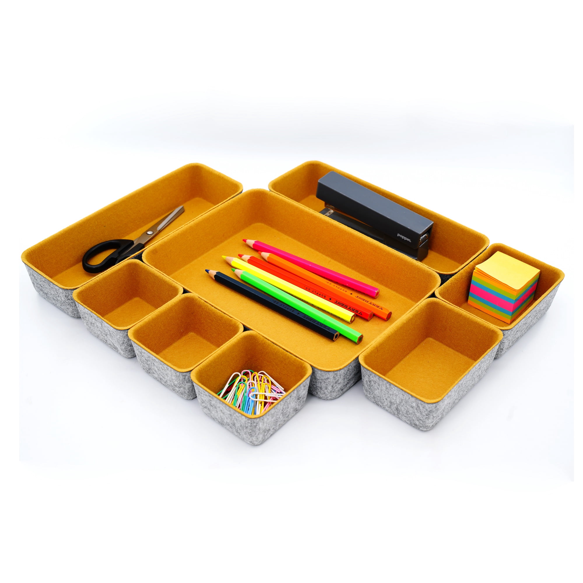 Welaxy desk drawer organizers tray dividers small shallow felt storage box sturdy soft bin for office suppliers entryway catchall key holder makeup crafts pens decluttering 8-piece gifts idea (Curry)