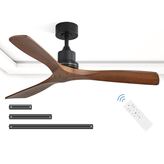 "Sofucor 52"" Indoor/Outdoor Wooden Ceiling Fan, 3 Blades, Remote Control, No Light, for Patio or Living Room"