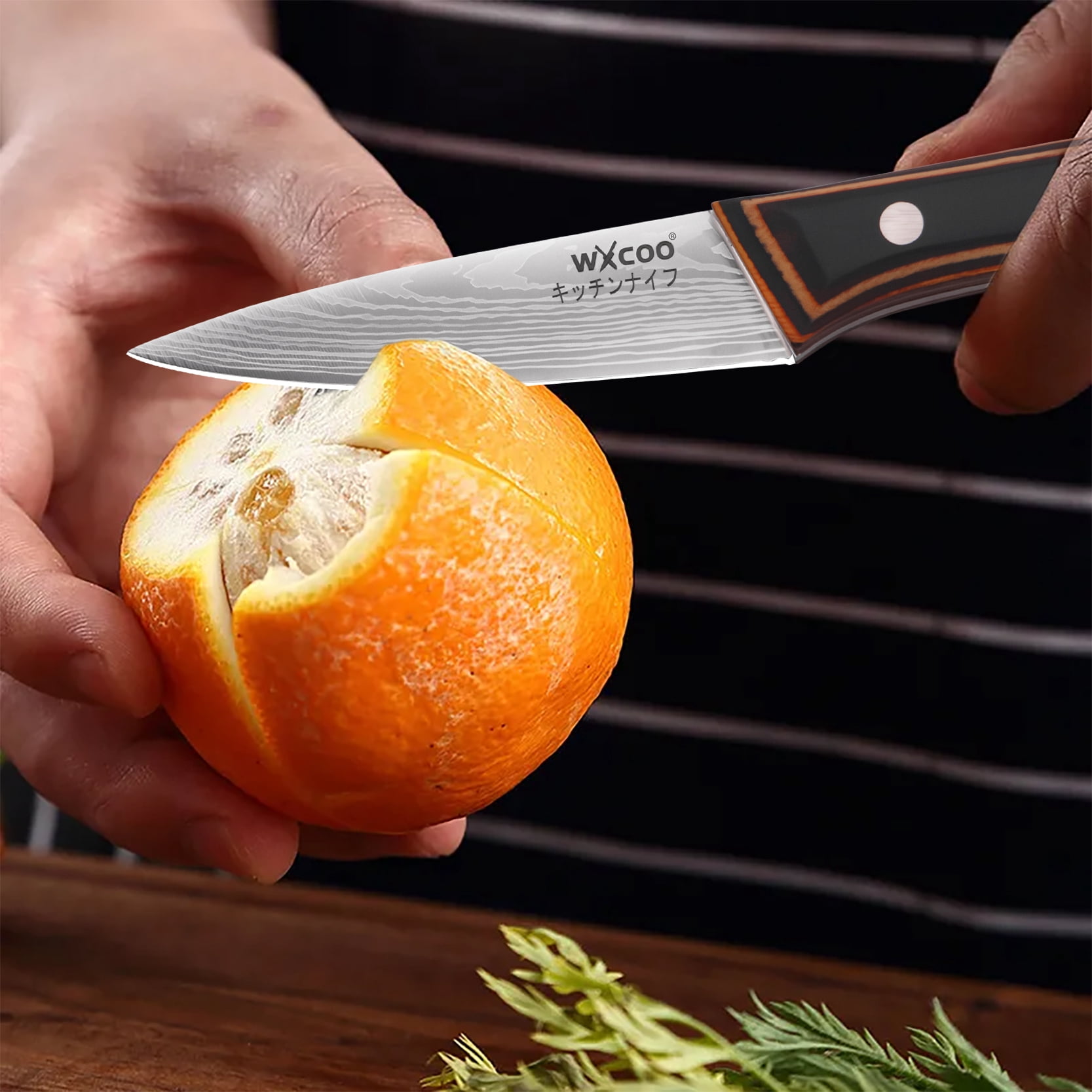 3-Piece Damascus Pattern Kitchen Knife Set, Wood Grain Handle Stainless Steel Chef Knives with Blade Guards, Sharp Multi-purpose Cooking Cutlery for Home Kitchen