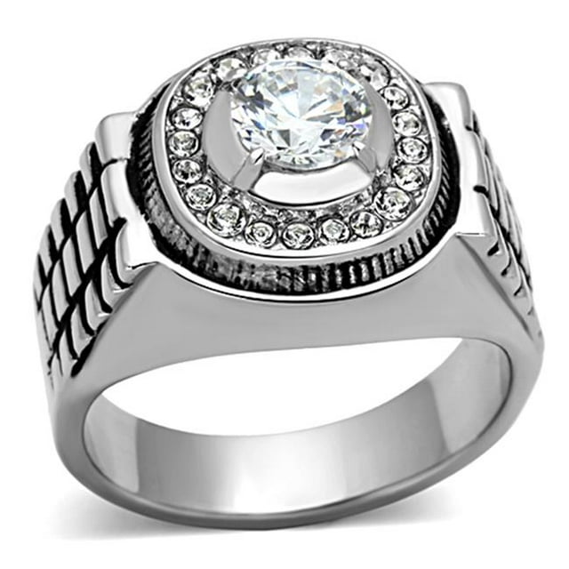 Alamode TK948-9 Men High Polished Stainless Steel Ring with AAA Grade CZ in Clear - Size 9