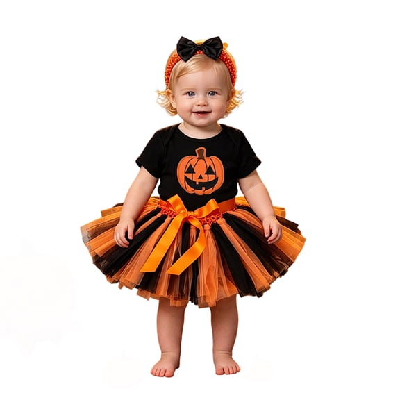 JIAYUE Baby Girls Halloween Outfit Cute Print Short Sleeve Bodysuit Tutu Skirt Bow Headband 3-Piece Sets For Party Wear,0-3 Months