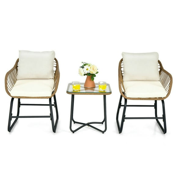 Spaco 3-Piece Patio Bistro Set with 2 Rattan Chairs and Square Glass Coffee Table, Patio Chair, White