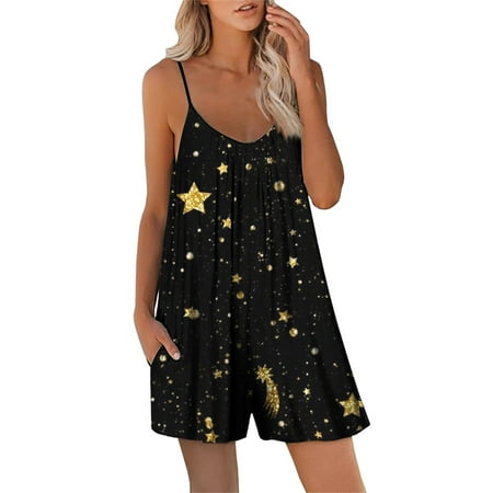 

Summer Jumpsuit For Women 2023 Wemen Suspender Shorts Digital Print Loose Pocket Romper Yellow S