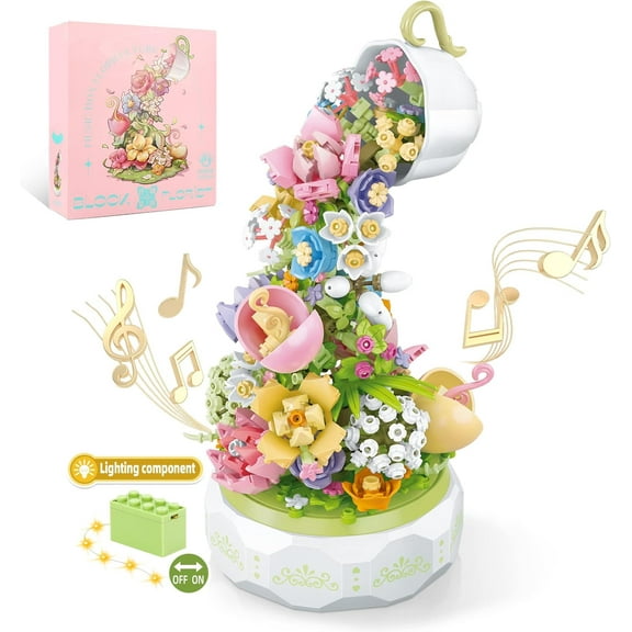 NAYIHOOP Music Rotating Box Flowers Botanical Building Sets with Light for Adults Girls Compatible with Lego