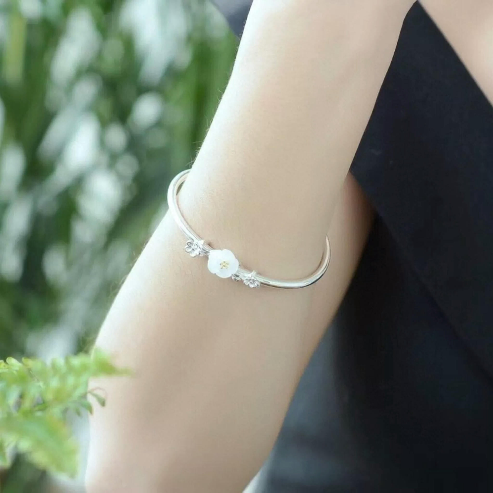 HOOUN 1PCS Pure S925 Sterling Silver Bangle Nephrite Jade Women Flower Cuff Bracelet