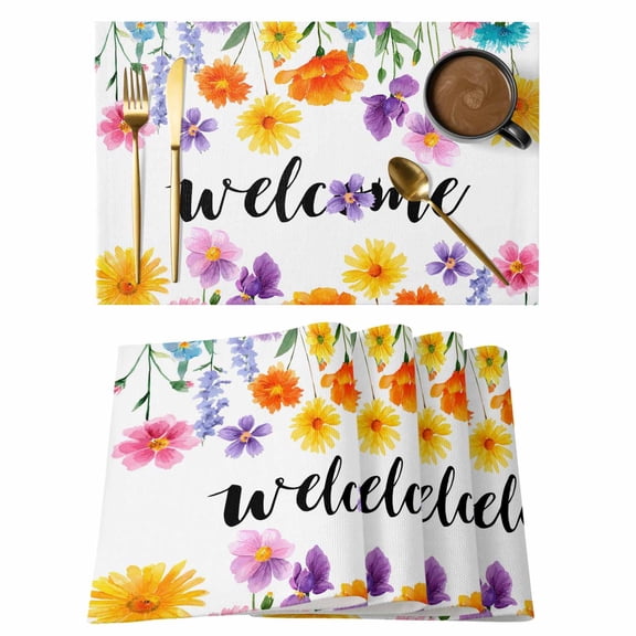 Summer Floral Placemats Set of 8 Welcome Colorful Daisy Flowers Pastoral Botanical Place Mats Indoor Wipeable Table Mats Washable Dining Table Placemats for Kitchen Holiday Party Decor 13x19 Inch