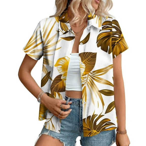 QUNYINEY Collared Women Button Down Shirts Hawaiian Short Sleeve Casual Tops Summer Loose Womens Tops