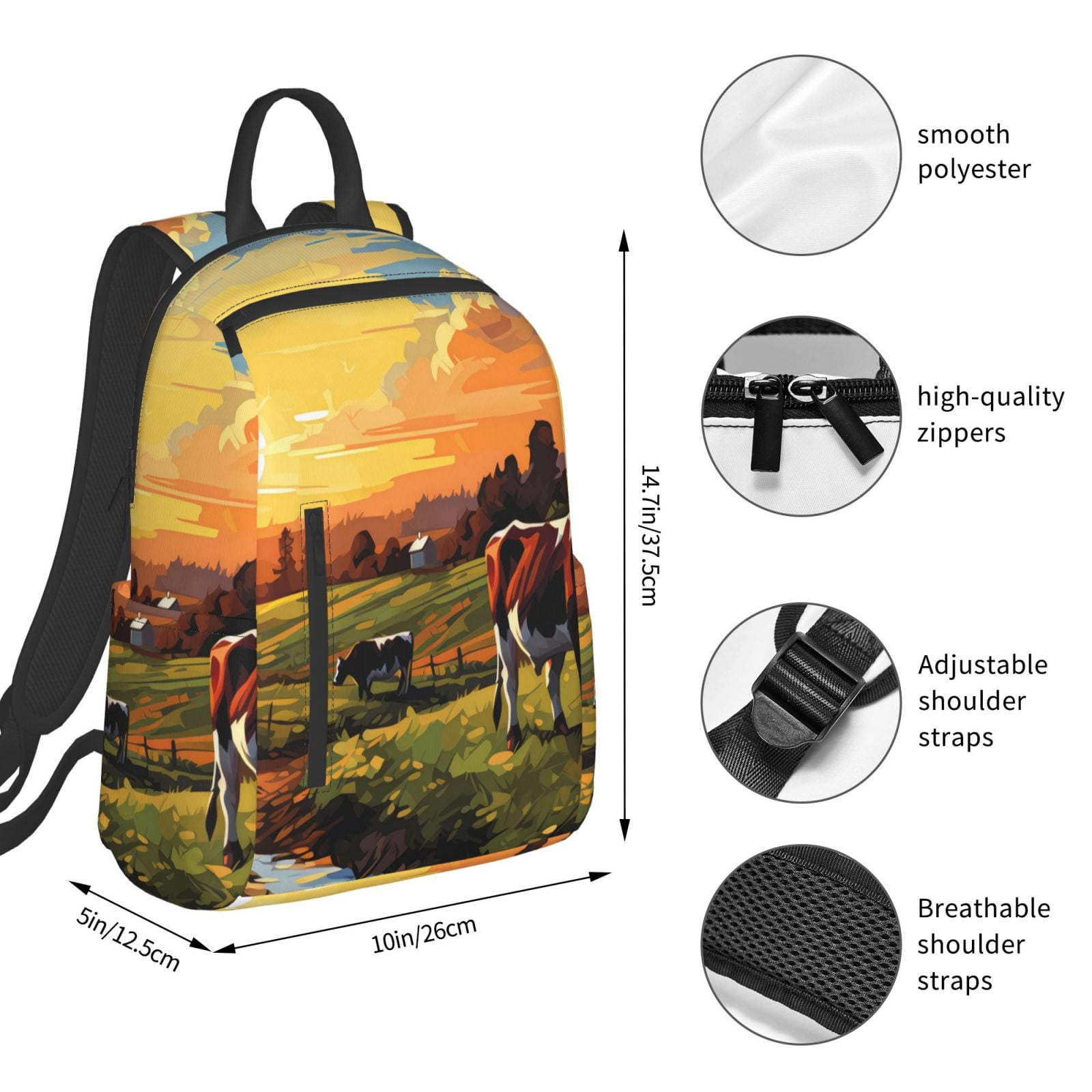 Xecao Oil Painting Style Pasture Cow print Backpack For women men Aesthetic Lightweight Travel Daypack Simple Cute Backpack For Bookbag