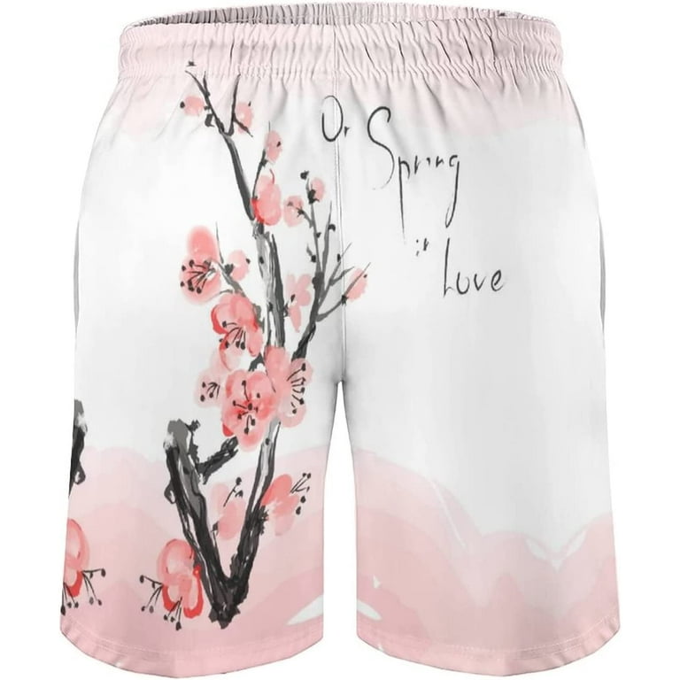 Mens Shorts Mens Swimming Trunks,Quick Dry Swim Trunks,Japanese Tree Cherry  Blossoms,Men Shorts with Mesh Lining