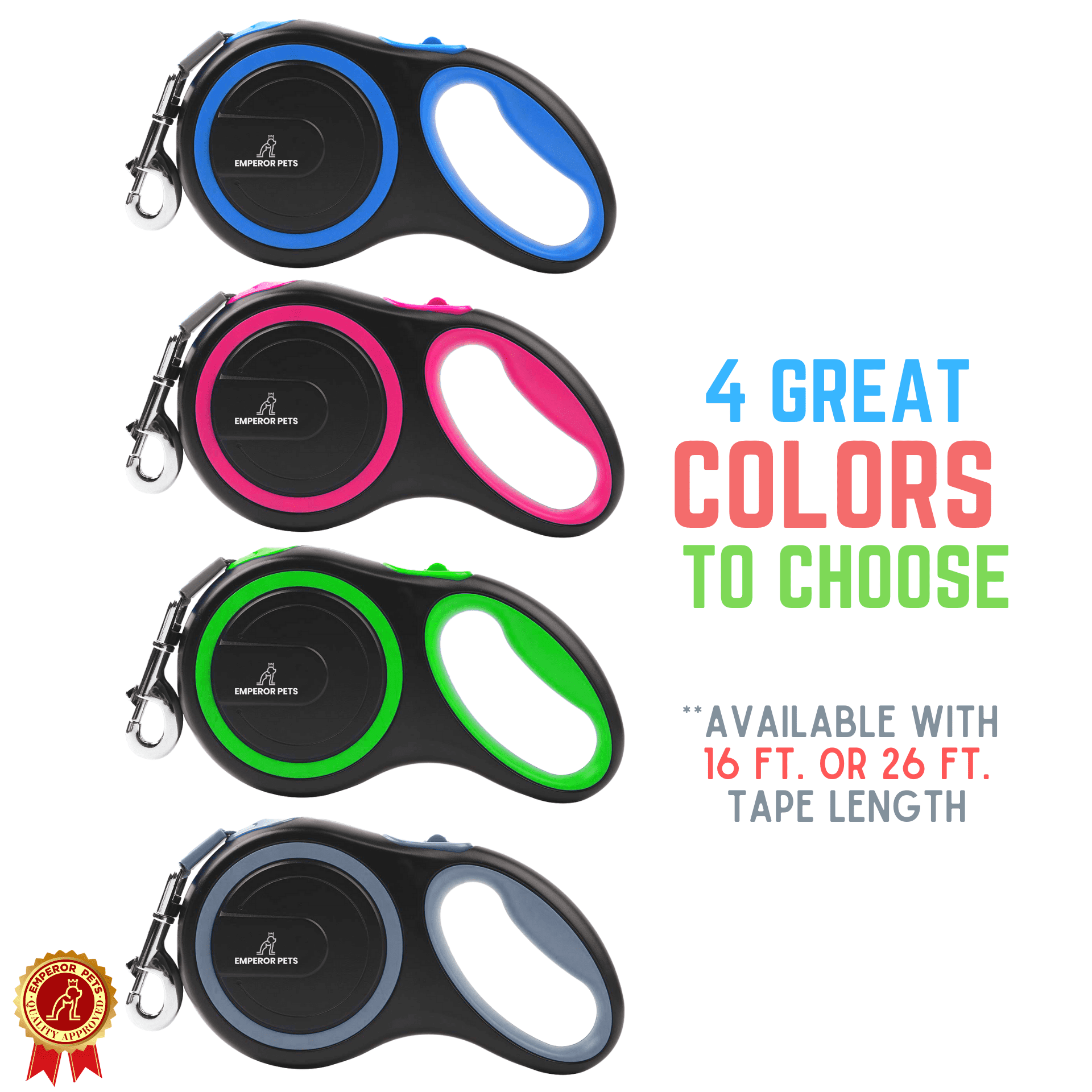 Emperor Pets Retractable Dog Leash, 26 ft, Large, Pink, for Dogs up to 110 lbs -PK26