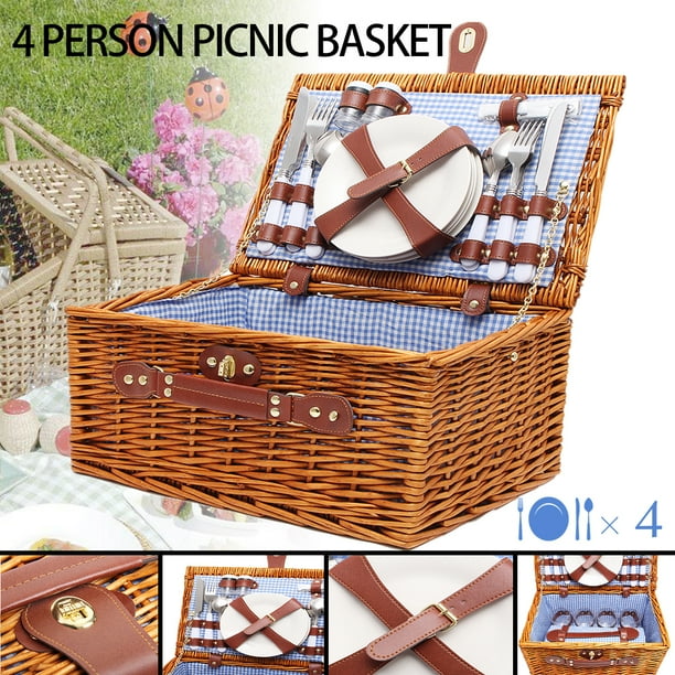 4 Person Wicker Picnic Basket wallets.bags Hamper Set Flatware Plates Wine Glasses Blanket