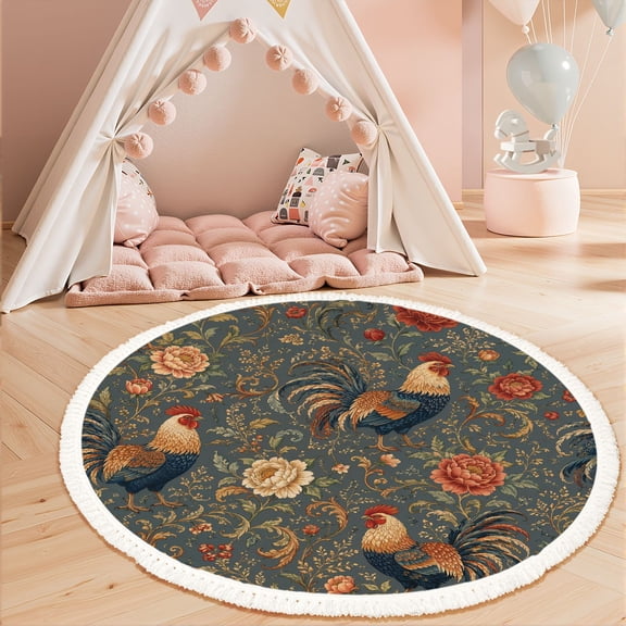 Washable Non Slip 3ft Round Rug, Colorful Rooster Standing Proud Among Roses Vintage Circle Area Rugs with Tassels Carpet for Nursery Bedroom Living Room Playroom Tent Rug