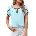 thumbnail image 2 of B91xZ Hauts Mignons pour Femmes Col Rond Manches Courtes Pull, Bleu TTG, 2 of 5