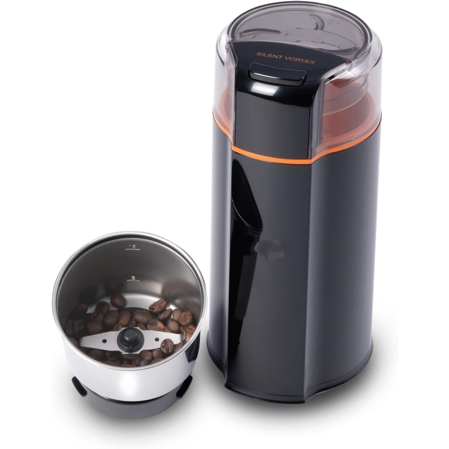 Silent Vortex Electric Coffee Grinder: 3 oz Capacity, 5x Quieter, 175W Motor for Coffee Beans, Spices & Herbs - Removable Dishwasher-Safe Bowl, 12-Cup Yield, Black