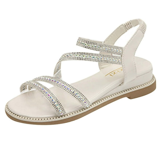 Anuirheih Womens Summer Fashion Sandals Rhinestone Decoration Solid Color Wedged-heel Casual Sandals Sandals Women (Beige)