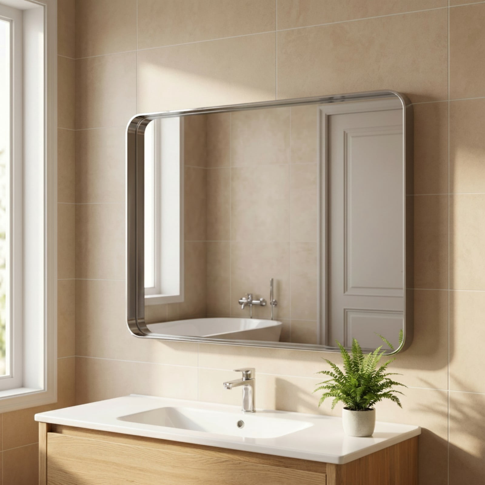 Gleamira 32"x40" Rectangular Bathroom Mirror Vanity Wall Mounted Mirror with Deep Frame, Silver