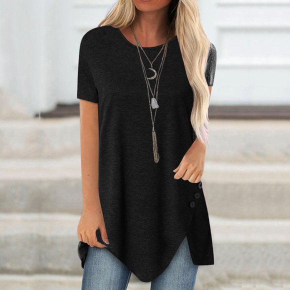 Fiudx Camisetas para Mujer Blusa Irregular de Manga Corta con Cuello Redondo y Botones de Talla Grande para Mujer