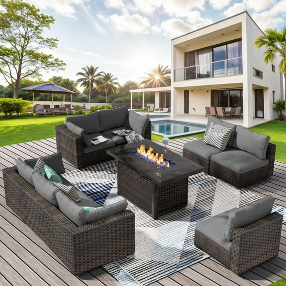 Gaildon 9 Pieces Patio Furniture Set, All Weather Outdoor Sectional PE Rattan, Patio Conversation Sets with Cushions and Glass Coffee Table for Garden Lawn Balcony Porch Deck, Grey