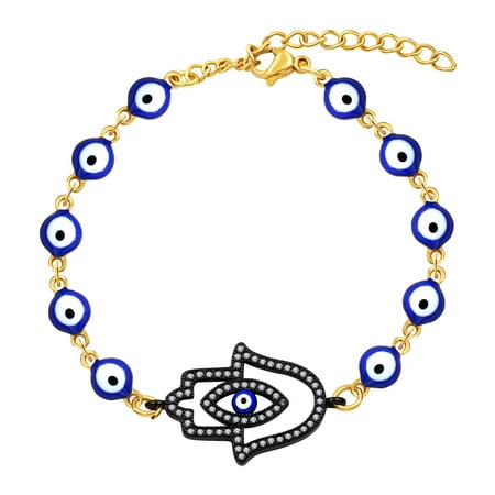Uloveido Stainless Steel Evil Eye Chain Bracelet Cubic Zirconia Hamsa Hand Fatima Blue Eye Bracelets Adjustabl (Y3981-gold blue)