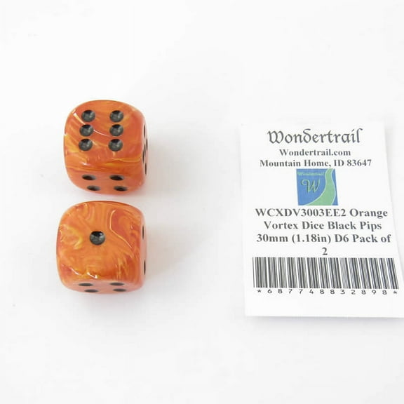 Orange Vortex Dice with Black Pips 30mm (1.18in) D6 Pack of 2 Wondertrail