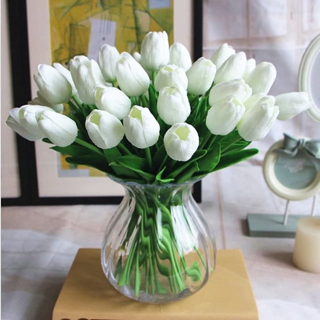 Tulipanes falsos de PU, flores artificiales de tacto Real, 10 Uds., ramo de arreglos florales para el hogar, oficina, decoración de boda (blanco) BANYUO Electrónica