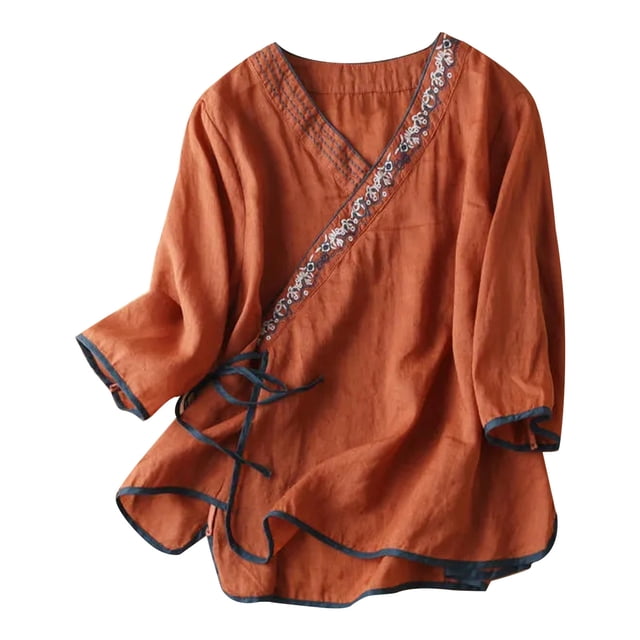 Birdeem Chemisiers pour Femmes Chemisier pour Femmes Broderie Renaissance Coton et Lin Col en V Manches Courtes Haut Manches Courtes Col en V