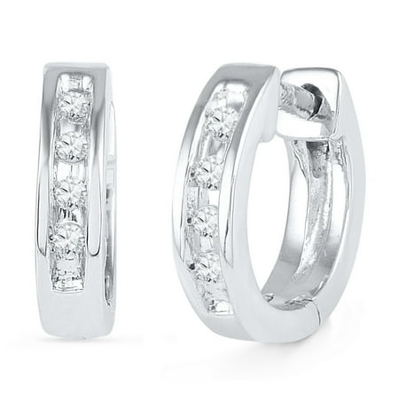- Diamond Huggie Earrings 10k White Gold Huggies Hoops Single Row Four Stone Polished 1/20 Cttw