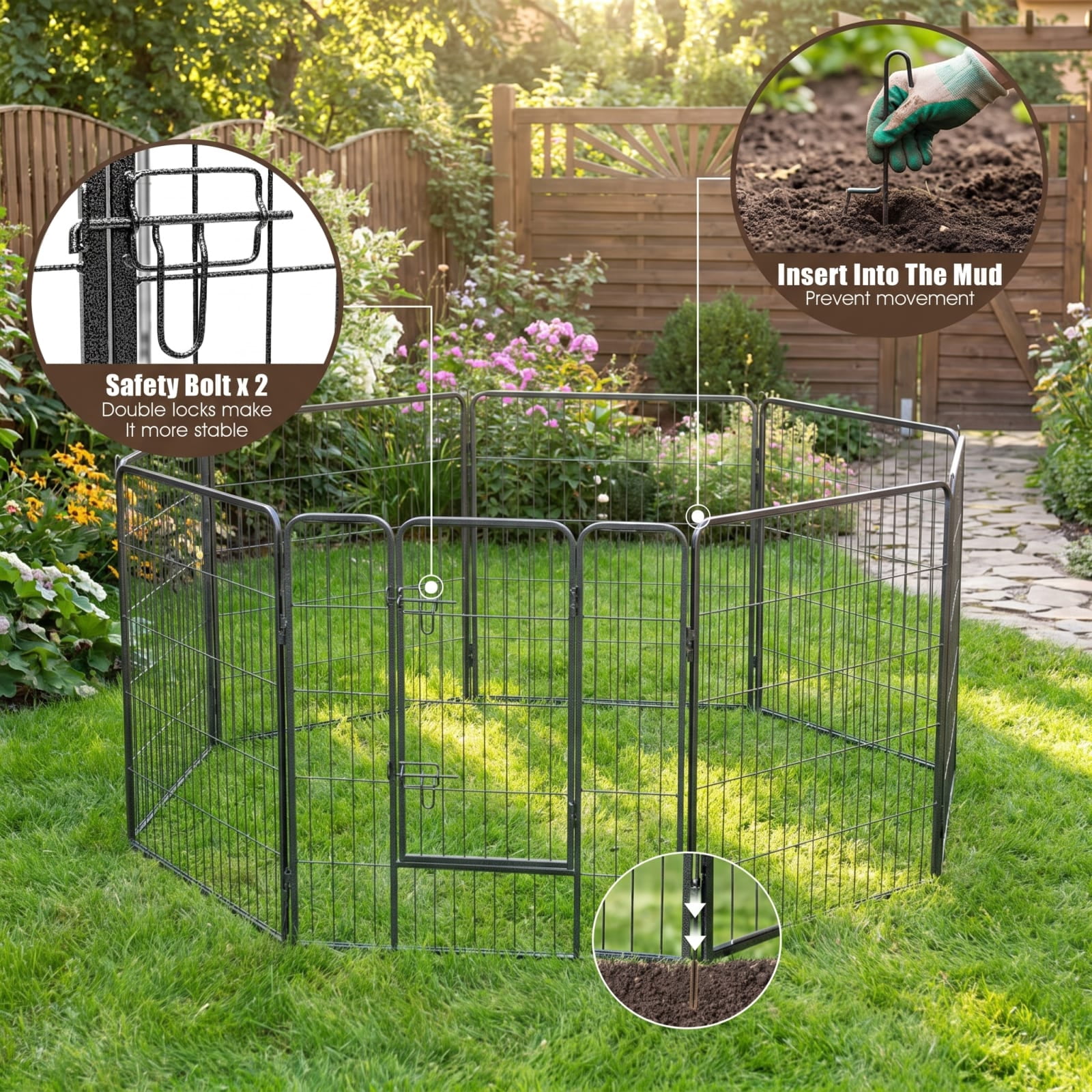 Vebreda Dog Playpen, 8 Metal Panel Heavy Duty Pet Playpen Dog Fence with Door, Heavy-Duty Dog Playpen, Changeable Shape, Added Secure Design